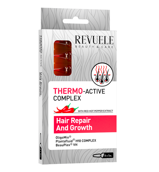 REVUELE AMPOULES THERMO ACTIVE COMOLEX HAIR REPAIR AND GROWTH – امبولات اصلاح الشعر التالف
وزيادة نموه