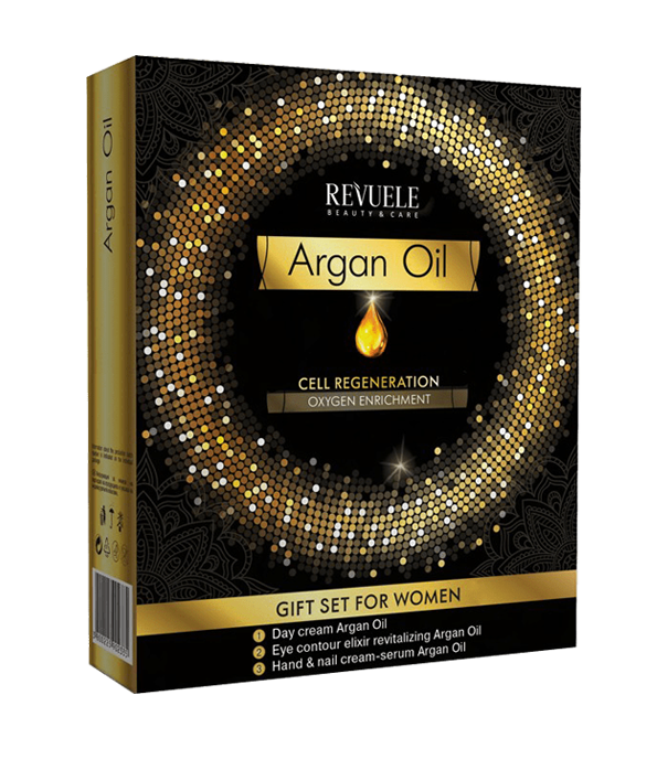 REVUELE GIFT SET ARGAN OIL (Face cream 50 ml+Hands&amp;Nails Cream 50 ml+ eye contour elixir 25 ml) -مجموعة هدايا REVUELE بزيت الأرجان (كريم للوجه 50 مل + كريم لليدين والأظافر 50 مل + إكسير العين 25 مل)