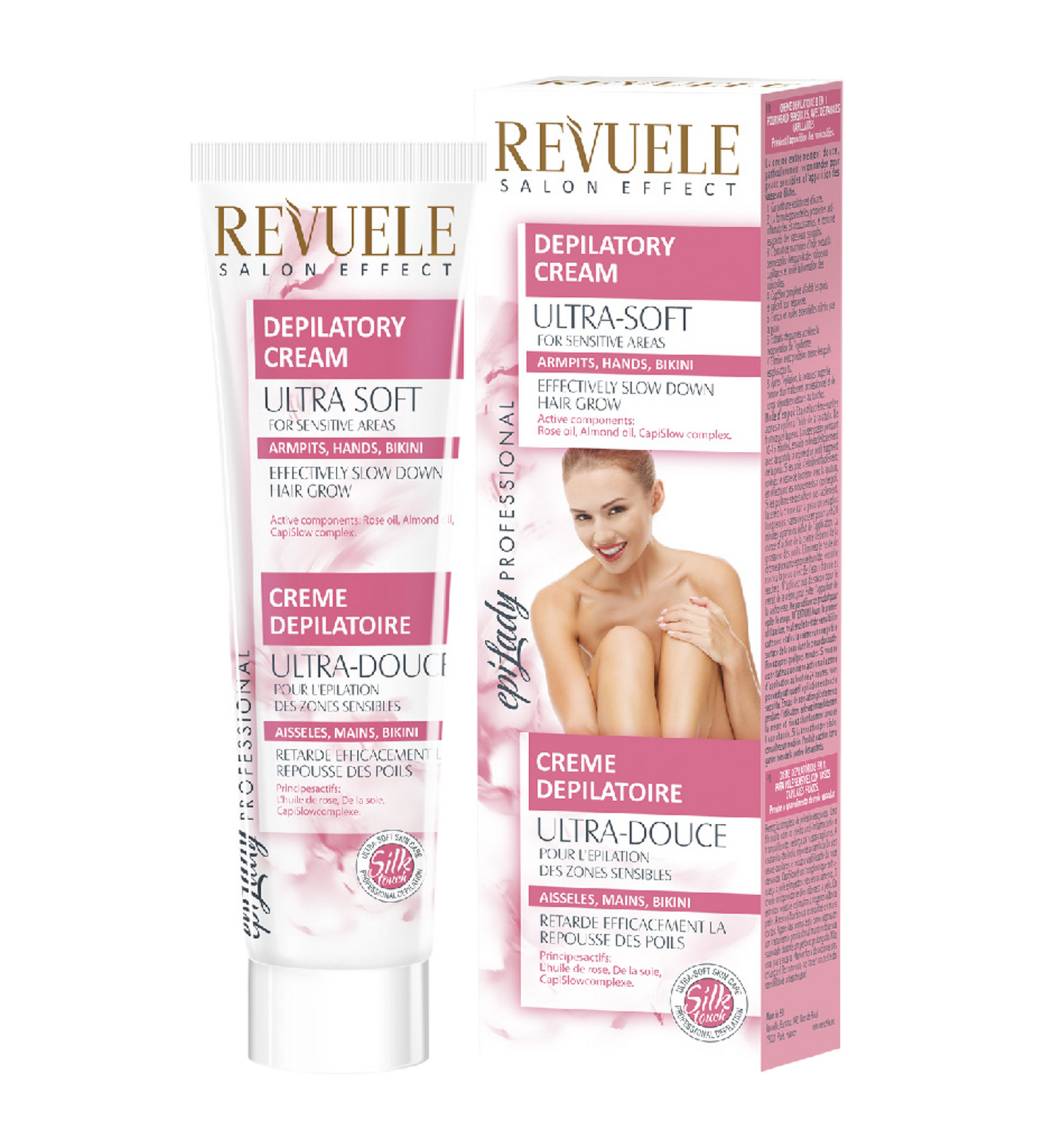 REVUELE Depilatory Cream ULTRA SOFT for sensitive areas - كريم REVUELE لإزالة الشعر فائق النعومة للمناطق
الحساسة بزيت الورد وزيوت اللوز ومركب CapiSlow