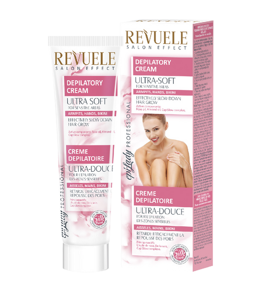 REVUELE Depilatory Cream ULTRA SOFT for sensitive areas - كريم REVUELE لإزالة الشعر فائق النعومة للمناطق
الحساسة بزيت الورد وزيوت اللوز ومركب CapiSlow